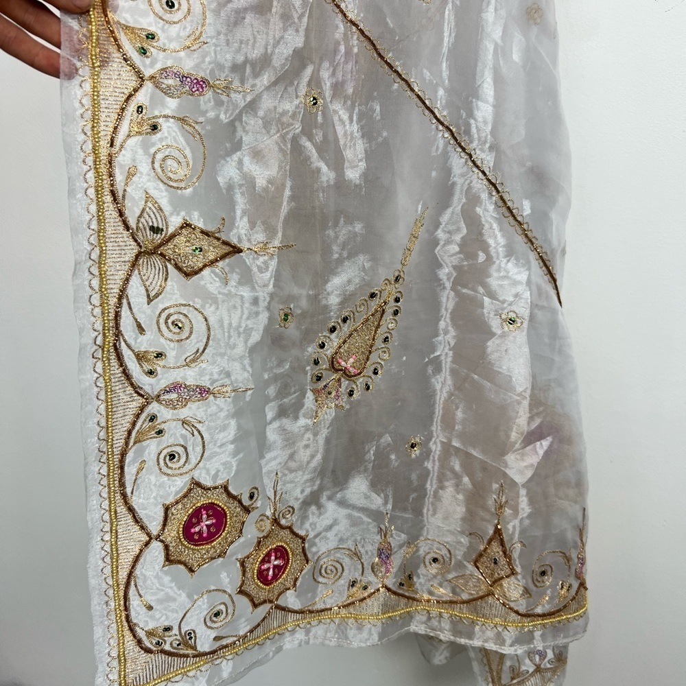 Saree Shawl with Skirt Set- Sheer pearl with sun embroidery and beading - Picture 7 of 10